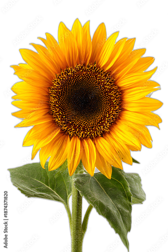 Fototapeta premium Bright Sunflower Bloom with Green Leafy Stem