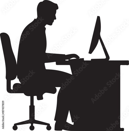Silhouette of a man working at a desk on a computer, representing remote work, office productivity, or technology-focused tasks and occupation