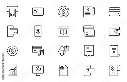 Bill and Payment Outline icon set. Containing finance related icons. bill, receipt, invoice, document, atm, cash, cryptocurrency, blockchain. Thin outline icons pack. Vector illustration