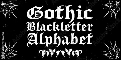 An ornate gothic blackletter typography design with decorative flourishes and dark aesthetics