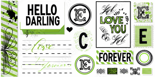 A collection of decorative scrapbook elements with hello darling and love you phrases