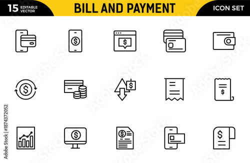 Bill and Payment Outline icon set. Containing finance related icons. bill, receipt, invoice, document, atm, cash, cryptocurrency, blockchain. Thin outline icons pack. Vector illustration