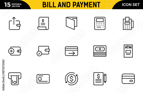 Bill and Payment Outline icon set. Containing finance related icons. bill, receipt, invoice, document, atm, cash, cryptocurrency, blockchain. Thin outline icons pack. Vector illustration