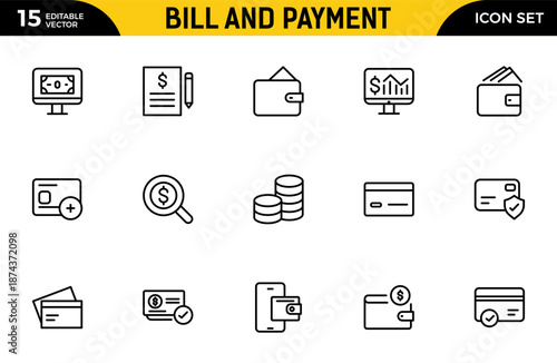 Bill and Payment Outline icon set. Containing finance related icons. bill, receipt, invoice, document, atm, cash, cryptocurrency, blockchain. Thin outline icons pack. Vector illustration