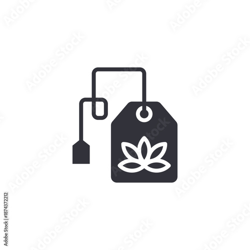 Tea bag icon with leaf symbol representing herbal infusion, organic tea product, and natural beverage concept.