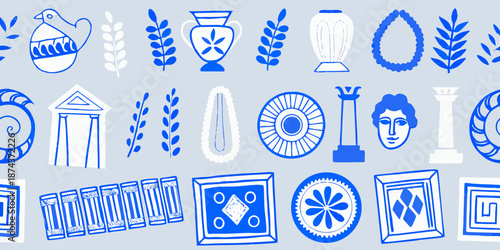 A blue and white repeating pattern of ancient greek motifs and decorative elements