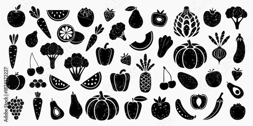 Black and white illustration of various fruits and vegetables in a pattern