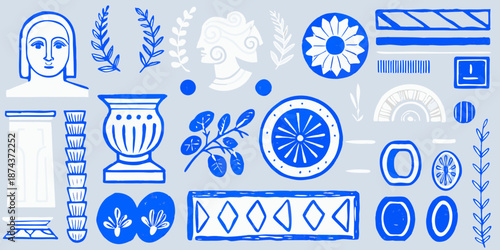 Delicate blue and white illustrations of classical greek motifs and ornamental elements