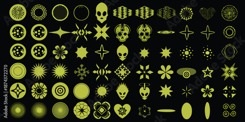 A vibrant collection of glowing geometric and alien themed symbols on black