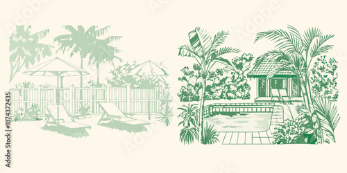 A peaceful tropical poolside scene with lounge chairs and palm trees
