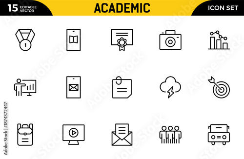 Academic line icon set. studying and science. Includes human brain, fields of study, graduation, school, university and knowledge. Thin outline icons pack. Vector illustration