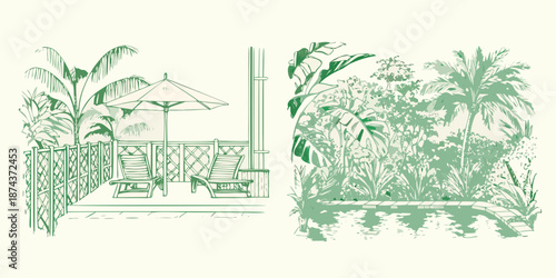 A peaceful outdoor patio scene with lounge chairs and tropical foliage