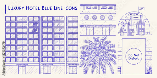 Blueprint style hotel icons depicting building facade palm tree and amenities