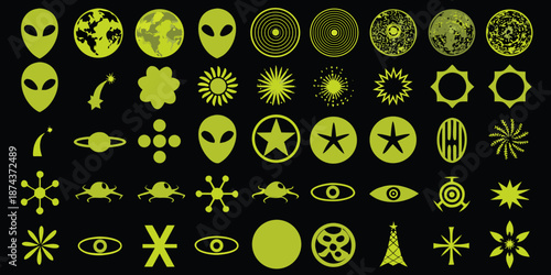 A collection of glowing green alien heads planets and abstract space symbols