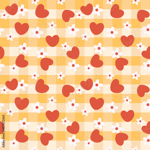 Valentine's Day background. Abstract seamless cute modern pattern of red hearts with flower on checkered background.
