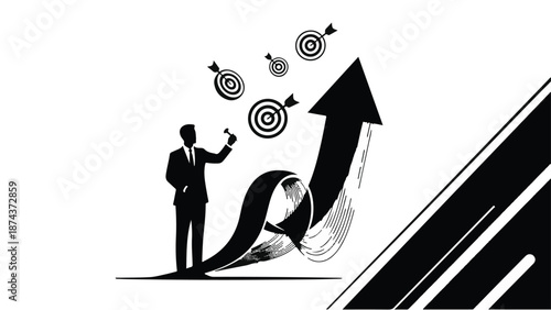 Businessman aiming at targets with growing success