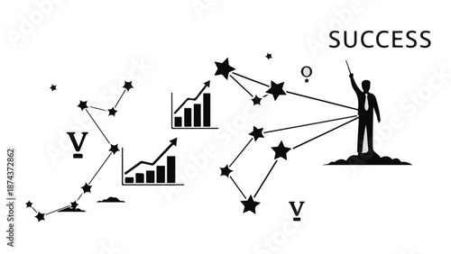 Silhouette of a person reaching for success with graphs and stars