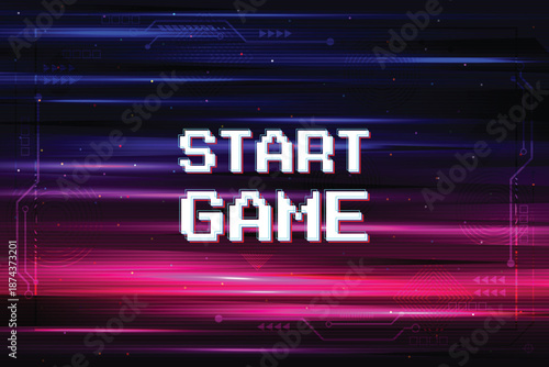 START GAME. pixel art 8 bit on Abstract Lens flare light special effect Background. Retro Video Game Background, circuit technology background design. UI, HUD