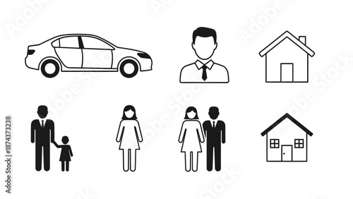 A minimalist illustration set featuring a car, people, and houses in simple line art style.