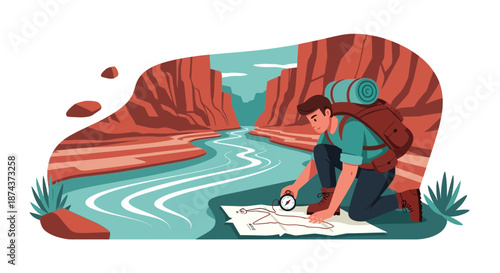 Adventurer Navigating Grand Canyon with Map and Compass.
