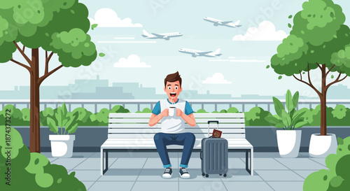 Anxious traveler sitting on bench with luggage at airport.
