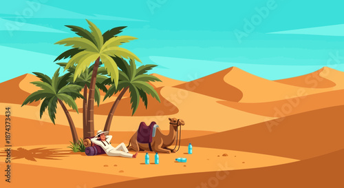 Desert Oasis Rest Bedouin Camel and Palm Trees in the Dunes.
