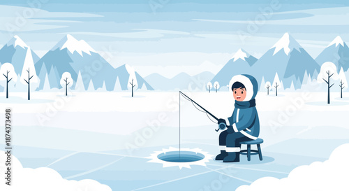 Eskimo Ice Fishing in Winter Landscape Illustration.