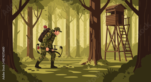 Hunter in Camouflage with Crossbow Walking Through Forest.