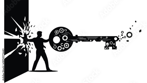 Silhouette of man breaking through door with giant key