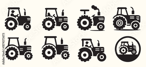 Nine Black Tractor Icons Set Farm Vehicle Agricultural Equipment Symbols Illustration