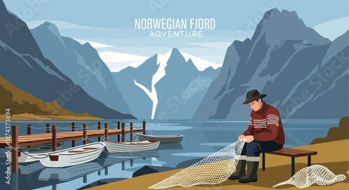 Man Mending Fishing Net by Norwegian Fjord Serene Waters.
