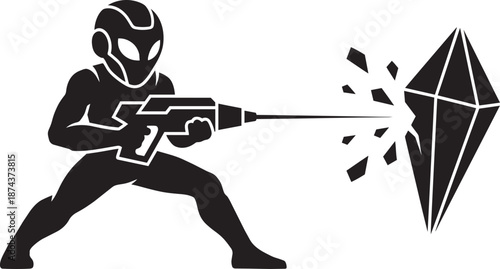 Alien creature icon using futuristic ray gun to blast shattered pieces from large diamond object