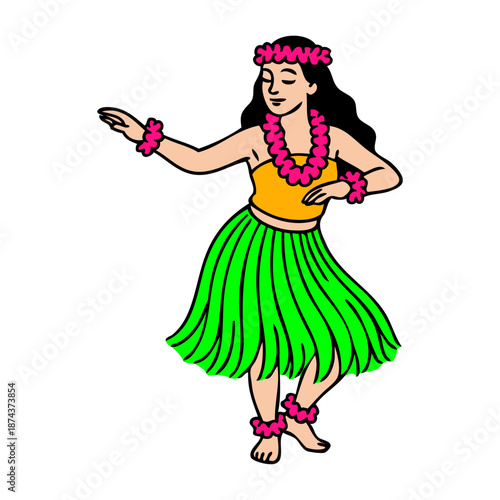 Aloha Hawaii. Dibujo con líneas de una mujer hawaiana bailando con un traje tradicional con falda de hojas
