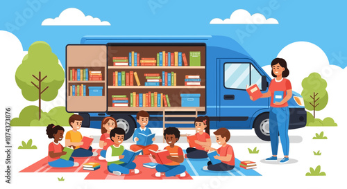 Mobile Library Outreach Children Reading with Librarian Near Book Van.