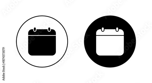 Blank calendar icon in black circle. Schedule, date reminder, and event planning symbol