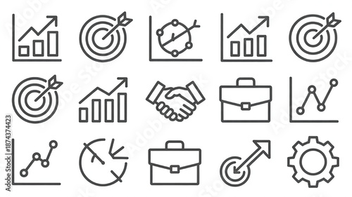 Business and finance icon set including charts targets handshake briefcase and gear for web and app design
