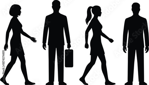 Business people silhouettes walking and standing with luggage illustrating professional travel commute teamwork isolated on white background illustration concept design