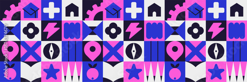 Colorful school mosaic pattern with geometry icons and kid book background.