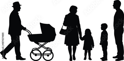Family silhouettes with parents children and baby stroller illustrating parenthood caregiving and modern family life isolated on white background illustration