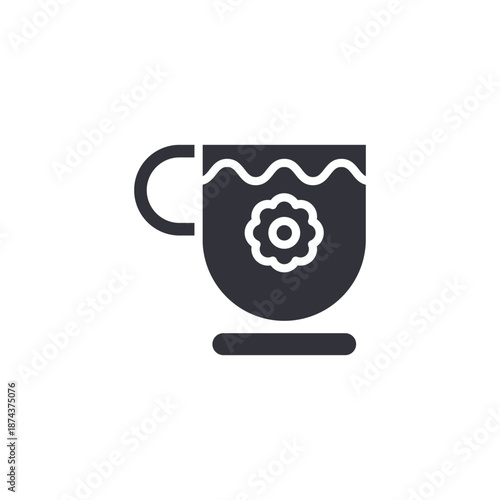 Hot tea cup with gear symbol icon representing smart beverage concept and innovative drink technology theme.