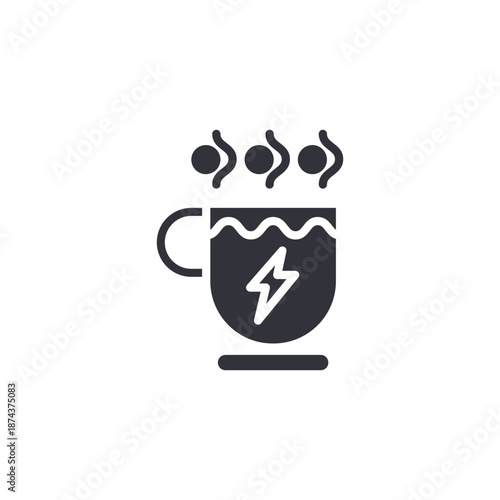 Steaming tea cup with lightning symbol icon representing energy drink concept and revitalizing hot beverage.