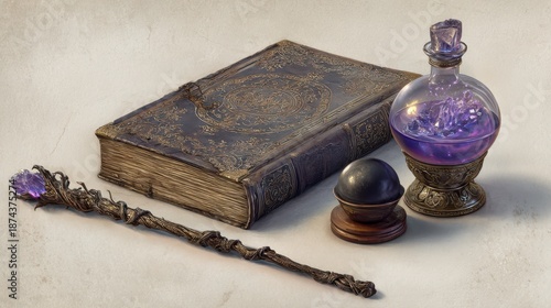 Antique book, crystal ball, and purple potion bottle isolated on transparent background