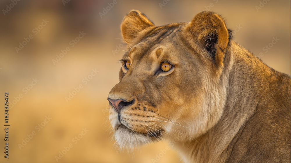 Obraz premium Lioness portrait with intense gaze and detailed fur in golden savannah setting. wildlife magazines, conservation campaigns, designed for wildlife conservation campaigns.