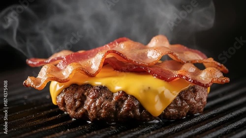 Cheeseburger with bacon on grill