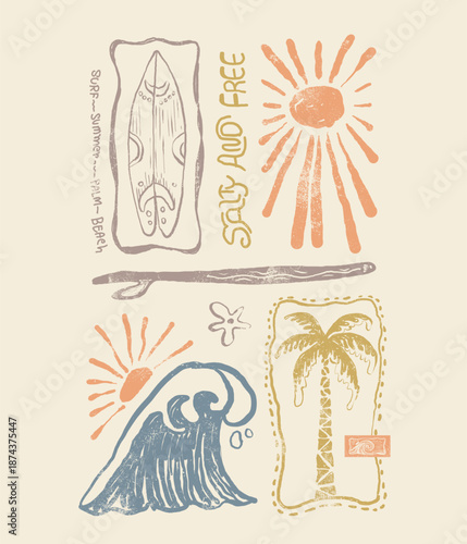 Minimal drawing for Vintage Surfboard, sunset Ray, big waves, palm tree. perfects for tee t-shirt, sweatshirt, artwork. summer beach graphics. summer sunset design.
