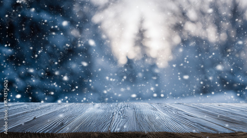 Winter wooden surface with gentle snowfall, cold seasonal atmosphere. travel magazines, destination branding, designed for outdoor magazines and nature guides, inspires travel planning.