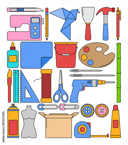 Flat design handcraft elements icons featuring sewing, painting, cutting, and DIY tools, perfect for creative projects, handmade tutorials, craft workshops, and hobby themed designs.