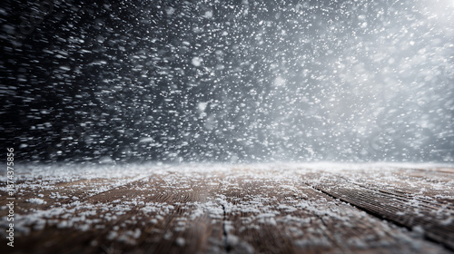 Winter wooden surface with gentle snowfall, cold seasonal atmosphere. travel magazines, destination branding, designed for outdoor magazines and nature guides, inspires travel planning.