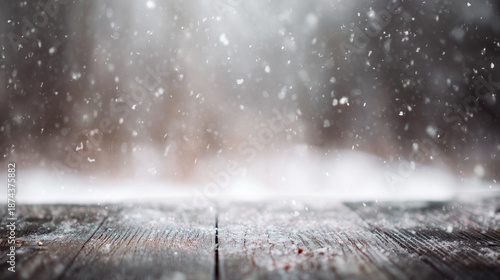 Winter wooden surface with gentle snowfall, cold seasonal atmosphere. travel magazines, destination branding, designed for outdoor magazines and nature guides, inspires travel planning.