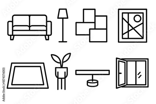 Minimalist Living Space Icons. Modern Living Space set in outline vector style: sleek sofa, minimal lamp, geometric shelf, abstract wall art, clean rug, planter stand, light bar, open window line